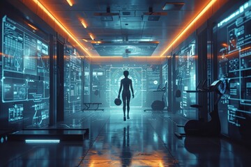 Obraz premium Envisions a futuristic gym experience, where technology and fitness seamlessly integrate.
