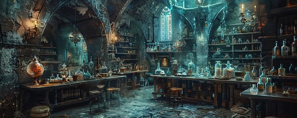 A secret alchemist's laboratory hidden deep within the bowels of a labyrinthine castle, filled with bubbling potions and crackling experiments.
