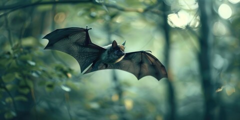 Bat flying over forest
