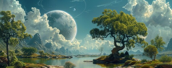 Surreal landscape with twisted trees, floating islands, and giant moon