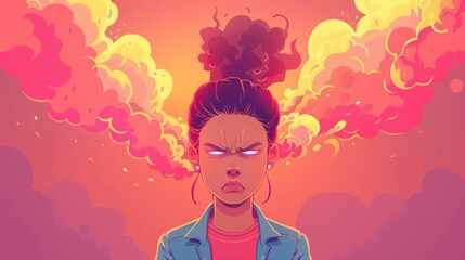 Digital illustration of a frustrated woman with smoke clouds emanating from her, conveying anger and intense emotion with vibrant colors.