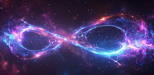 Naklejka premium A vibrant infinity symbol made of glowing light and particles in neon hues of purple, pink, and blue. This dynamic and futuristic design evokes a sense of boundless energy and cosmic wonder.