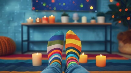Pair of cozy, colorful striped socks in relaxing, candle-lit atmosphere with warm, colorful decor. Perfect for winter or cozy home settings.