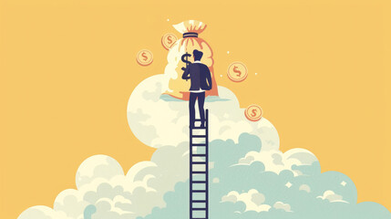 a person climbing a ladder to reach a money bag in the sky, symbolizing success and financial achievement.