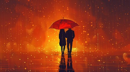 Silhouettes of a couple walking under a red umbrella in the rain with a beautiful glowing sunset background.