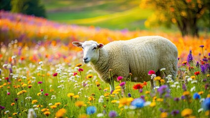 Lovely sheep grazing peacefully amongst colorful flowers in a wide meadow during the spring and summer , sheep, flowers