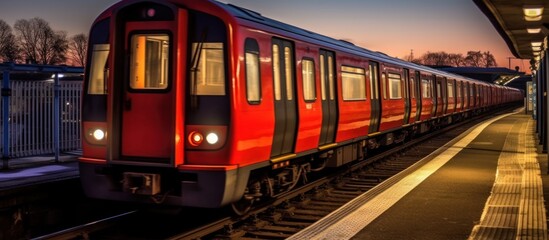 Obraz premium Red Train Pulling into a Station at Dusk