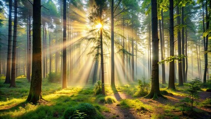 Obraz premium Misty morning in the forest with sunlight filtering through trees, nature, foggy, peaceful, serene, tranquil, mist, woods