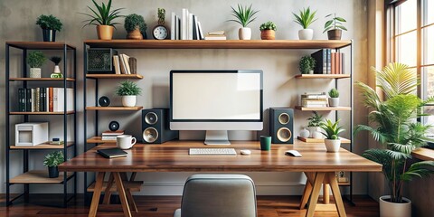 Modern workspace with central monitor, speaker setup, books, and stylish decor elements , technology, style, workspace