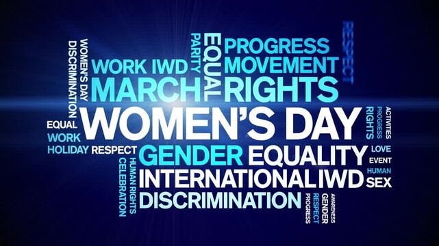 international Women's Day animated word cloud;text design animation tag kinetic typography seamless loop.