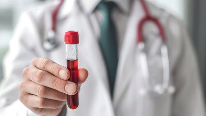 A doctor holding a test tube with a red liquid in it