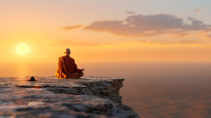 Fototapeta premium Buddhist Monk Meditating at Sunset on Cliff Edge