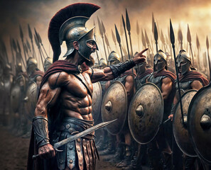 Spartan leader giving a powerful speech in front of a group of soldiers at Thermopylae.