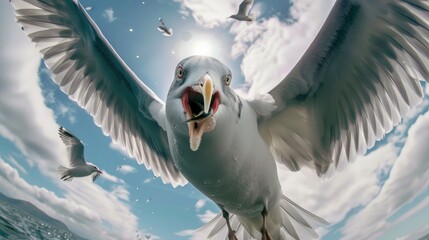 Seagull with fish in beak seen up close while flying