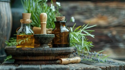 Selective focus on oil jars pestle mortar and grass on wooden background