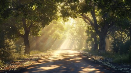 Fototapeta premium road in the park with sun rays