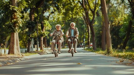 Obraz premium senior man and woman riding scooters in the park