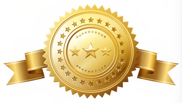 Golden seal stamp with ribbon and stars, high-quality certification emblem, elegant design, isolated on white background, vector illustration.