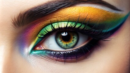 Fototapeta premium Vibrant close-up of a single eye showcasing precise eyeliner application against a pristine white background, exuding elegance and sophistication.