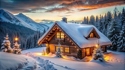 Cozy mountain cabin with snow-covered roof, twinkling lights, and pastel color palette, cabin, mountains, doodle, cute
