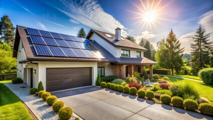 Sunny suburban driveway with solar panels installed on roof of modern eco-friendly house surrounded by lush greenery and blue sky.