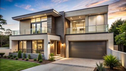 Fototapeta premium Contemporary urban dwelling exterior featuring clean lines, large windows, and neutral tones in a tranquil, well-manicured setting.