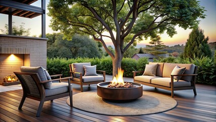 Fototapeta premium Cozy outdoor living area with fire pit, tree, brown chair, and modern black table, outdoor, cozy, living area