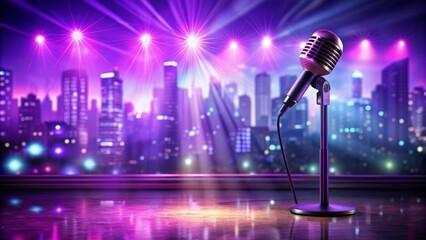 Obraz premium Vibrant purple-lit stage with microphone standing center, gleaming spotlight, and blurred cityscape background, conveying dynamic performance atmosphere.