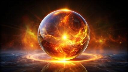 Vibrant fiery orange abstract energy orb radiates intense magical glow, mystical wizard sphere suspended in isolated black and transparent space.