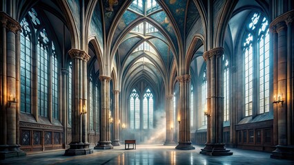 Fototapeta premium Foggy interior of gothic chapel with tall windows and columns, creating a mystical and abandoned atmosphere, Foggy