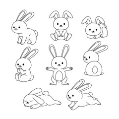 Set of rabbit doodle collection, rabbut outline coloring page or book animals for kindergarten, Vector line art set of animals wildlife, Hand drawn, Minimal rabbit line art doodle in different pose.