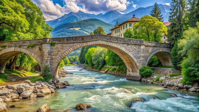 Historic stone bridge over the Passer River in Merano, South Tyrol, Italy , Meraner Postbr?cke, bridge, Passer River