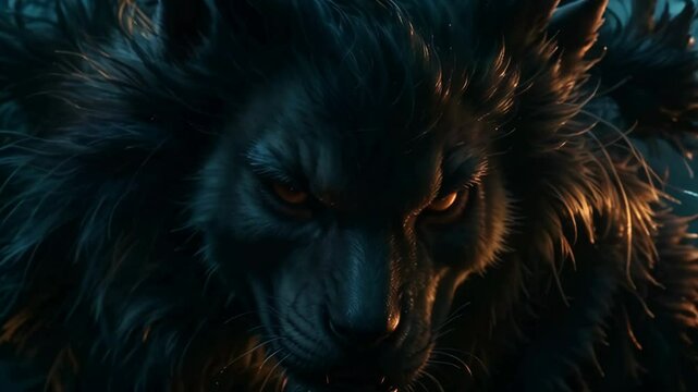Werewolf, hairy man turning into a wolf. Mystical horror animation, loop 4k