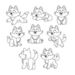 Set of wolf doodle collection, wolf outline coloring page or book animals for kindergarten, Vector line art set of animals wildlife, Hand drawn, Minimal wolf line art doodle in different pose.