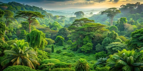 Lush African forest with vibrant green foliage and diverse wildlife, tropical, Africa, trees, vegetation, diverse, wildlife, vibrant