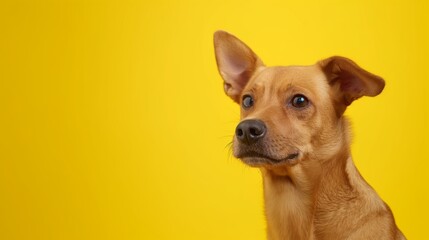 A small brown dog is looking at the camera with its mouth open. The dog is sitting on a yellow background