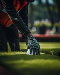 Fototapeta premium Close up of worker applying pesticide on green lawn for effective pest control outdoors