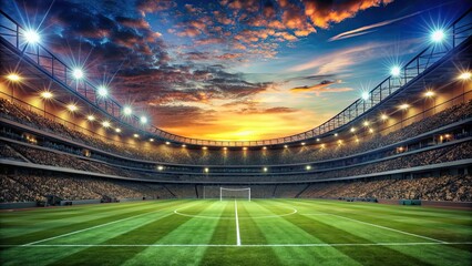 Football match on sports stadium field during evening with floodlights, soccer, sport, game, competition, players, stadium, lights