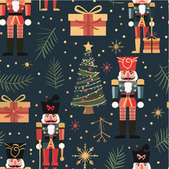 New Year seamless pattern nutcracker, wooden soldier, Christmas tree, gifts on a blue background