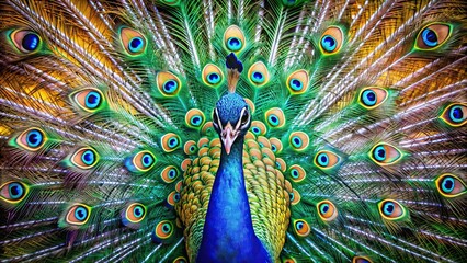 Obraz premium Colorful peacock with head held high and feathers spread out, peacock, colorful, bird, vibrant, feathers, spread out, majestic