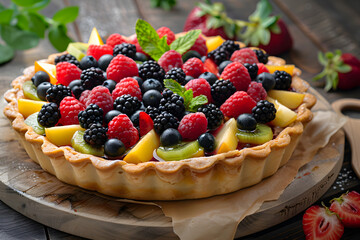 A colorful fruit tart with glossy berries and a flaky crust
