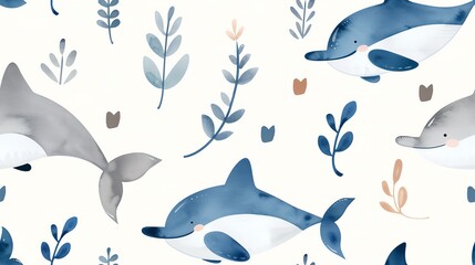 Seamless pattern of cute pastel dolphins with leaves, perfect for kids' illustrations, wallpapers, and fabric designs.