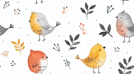 Seamless pattern of colorful watercolor birds and leaves, creating a whimsical and cheerful nature-inspired design.