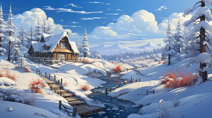 A Cozy Cabin In A Snow-covered Forest Under A Bright Sunny Sky