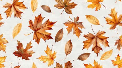 Fototapeta premium Seamless pattern of autumn leaves in shades of orange, yellow, and brown, perfect for seasonal design projects and fall-themed backgrounds.