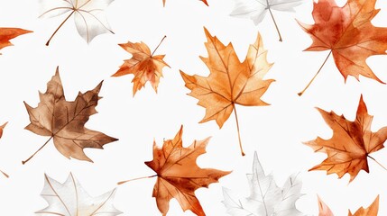 Fototapeta premium A beautiful pattern of autumn leaves in various shades of orange and brown on a white background, capturing the essence of the fall season.