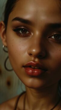 Vertical animation portrait of a young beautiful woman with dark skin looking sensually into the camera
