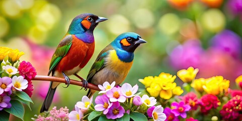 Pair of colorful birds perched on blooming flowers in a vibrant garden setting, birds, pair, colorful, flowers, blooming