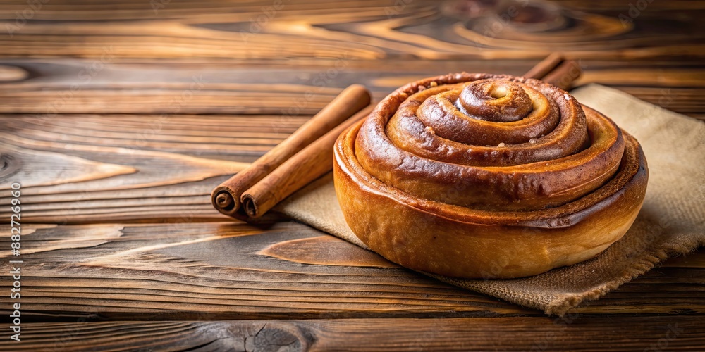 Wall mural Delicious freshly baked cinnamon bun on a wooden table, sweet, dessert, pastry, delicious, bakery, breakfast, sugar, treat