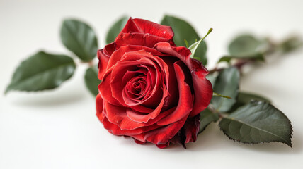 Fototapeta premium Red rose with green leaves on a white background